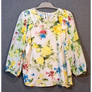 Calvin Klein Floral Print Blouse Women's Size Medium White Blue Yellow Green